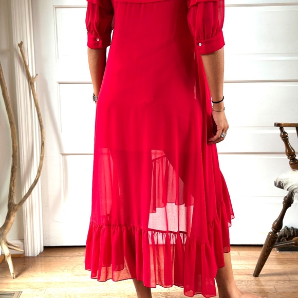 Sandro Paris Red Ruffled Midi Dress – Size 36 small - Picture 3 of 9